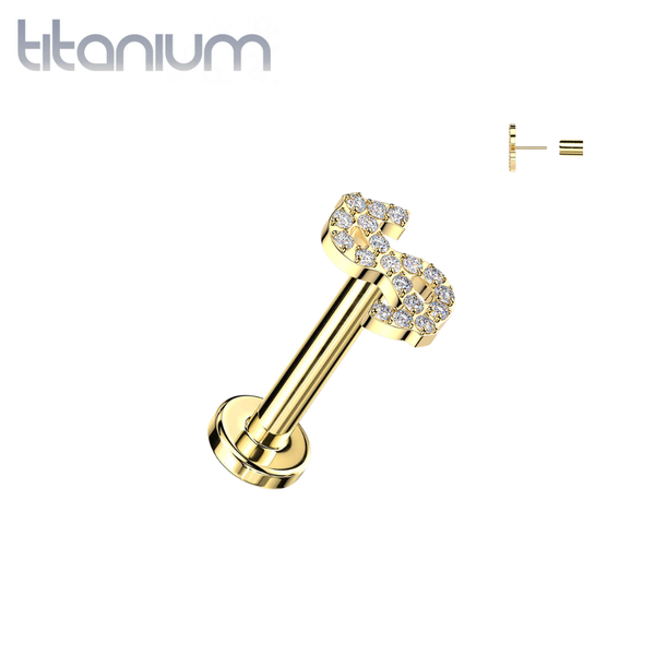 Implant Grade Titanium Gold PVD White CZ Money Dollar Sign Threadless Labret With Flat Back - Pierced Universe