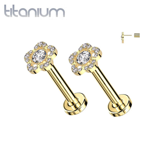 Pair of Implant Grade Titanium Threadless Gold PVD Large White CZ Petal Push In Earrings With Flat Back - Pierced Universe