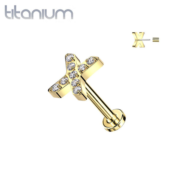 Implant Grade Titanium Gold PVD White CZ Pave "X" Threadless Push In Labret - Pierced Universe