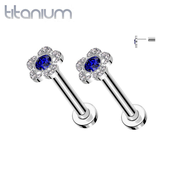 Pair of Implant Grade Titanium Threadless Large Blue CZ Petal Push In Earrings With Flat Back - Pierced Universe