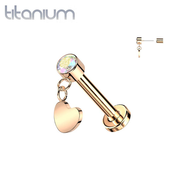 Implant Grade Titanium Rose Gold PVD AB CZ Heart Dangle Threadless Push In Labret - Pierced Universe