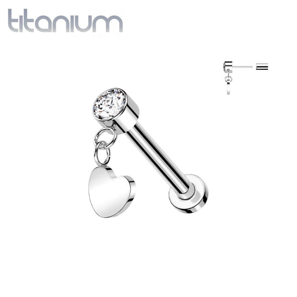 Implant Grade Titanium White CZ Heart Dangle Threadless Push In Labret - Pierced Universe