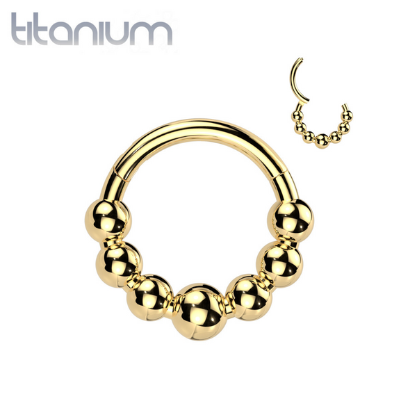 Implant Grade Titanium Gold PVD 7 Bead Hinged Clicker Hoop - Pierced Universe