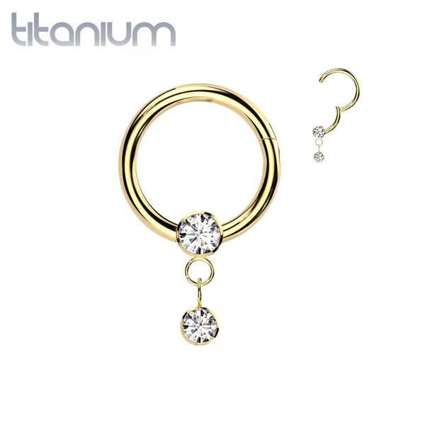 Implant Grade Titanium Gold PVD White CZ Bezel Dangle Hinged Clicker Hoop - Pierced Universe