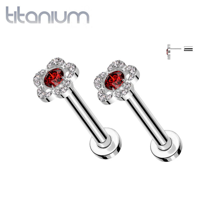 Pair of Implant Grade Titanium Threadless Large Red CZ Petal Push In Earrings With Flat Back - Pierced Universe