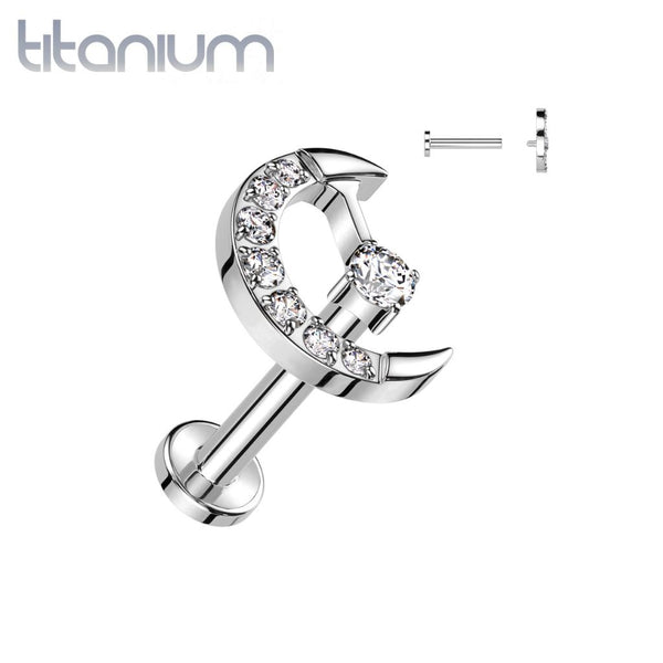 Implant Grade Titanium White CZ Internally Threaded Crescent Moon Labret Flat Back - Pierced Universe