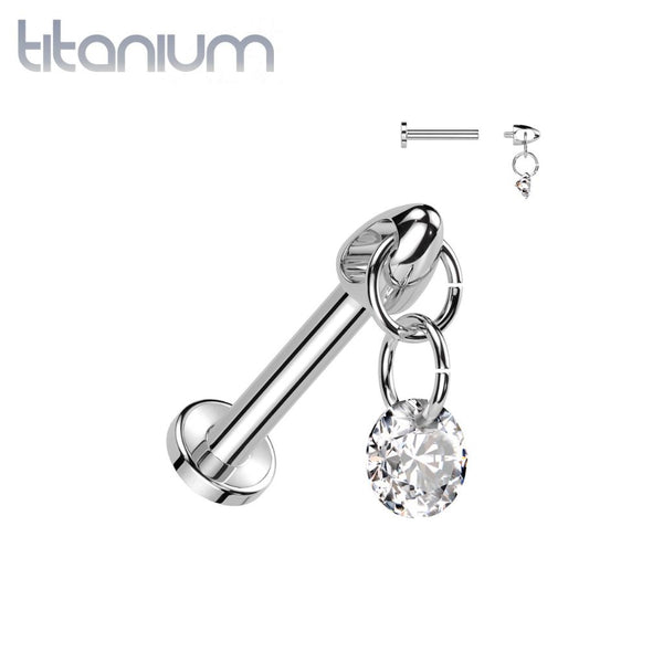 Implant Grade Titanium Internally Threaded White CZ Dangle Flat Back Labret - Pierced Universe