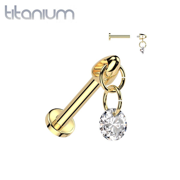 Implant Grade Titanium Gold PVD Internally Threaded White CZ Dangle Flat Back Labret - Pierced Universe