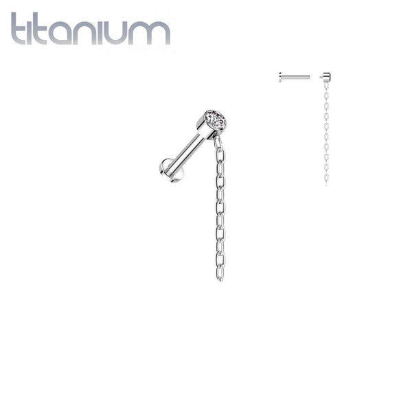 Implant Grade Titanium White CZ Gem With Long Chain Dangle Flat Back Labret - Pierced Universe