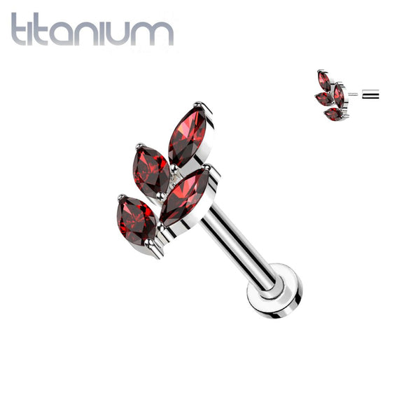 Implant Grade Titanium Large Red CZ Marquise Leaf Threadless Push In Labret - Pierced Universe