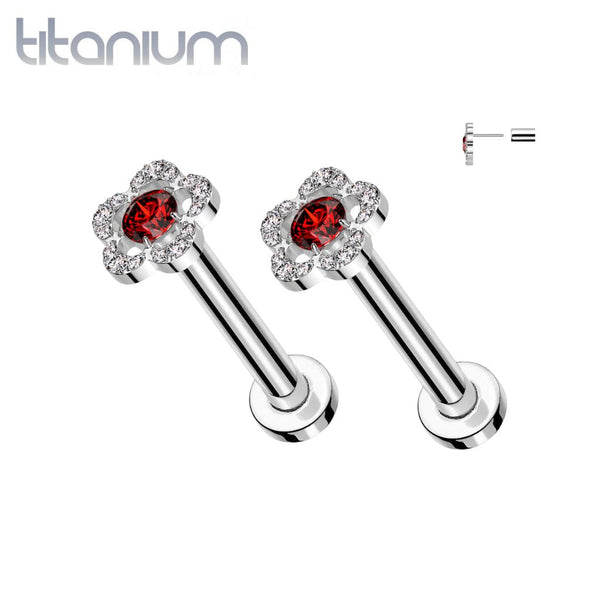 Pair of Implant Grade Titanium Threadless Large Red CZ Petal Push In Earrings With Flat Back - Pierced Universe