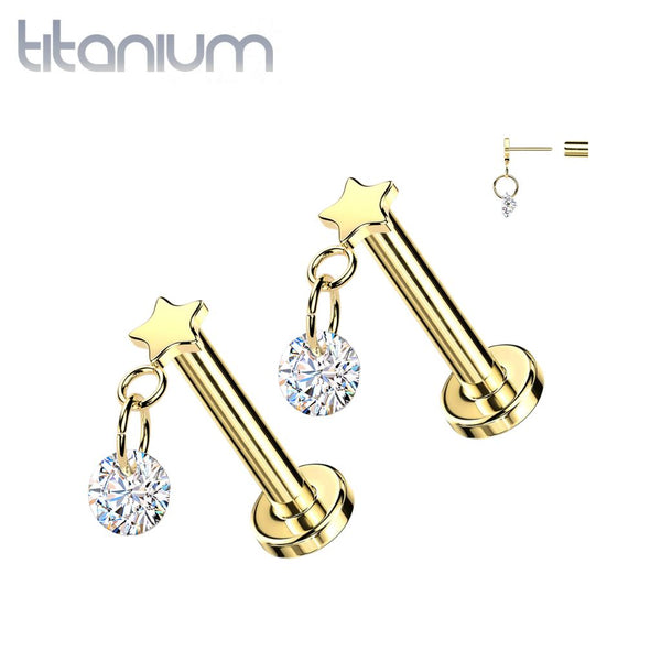 Pair of Implant Grade Titanium Gold PVD Tiny Star White CZ Dangle Push In Threadless Earrings Flat Back - Pierced Universe