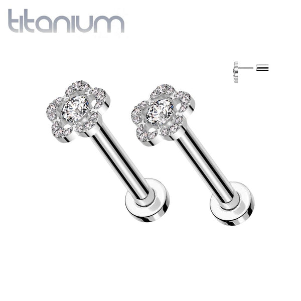 Pair of Implant Grade Titanium Threadless Large White CZ Petal Push In Earrings With Flat Back - Pierced Universe