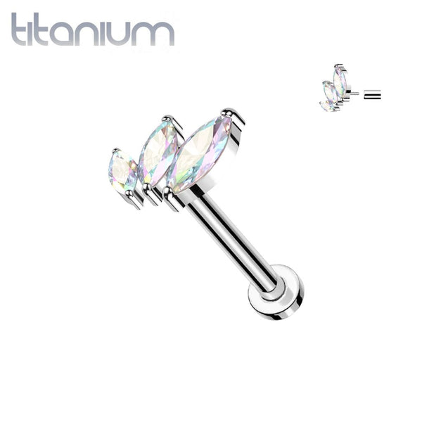 Implant Grade Titanium Aurora Borealis Triple Marquise CZ Curved Threadless Push In Labret - Pierced Universe