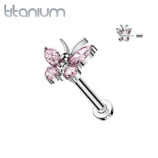 Implant Grade Titanium Large Pink CZ Gem Butterfly Threadless Push In Labret - Pierced Universe