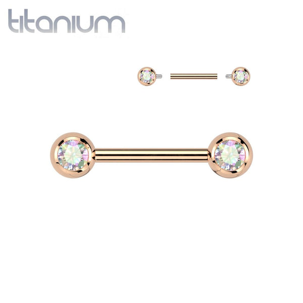 Titanium Internally Threaded Rose Gold PVD AB CZ Ball Gem Nipple Ring - Pierced Universe