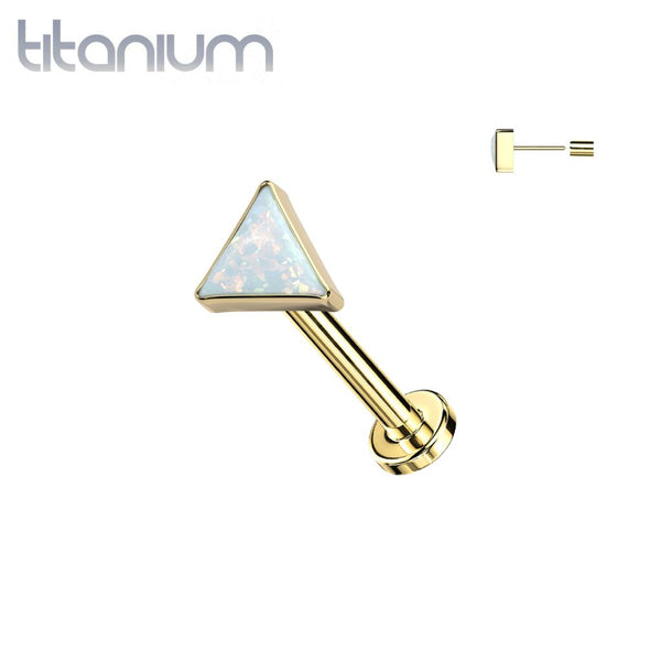 Implant Grade Titanium Gold PVD White Opal Triangle Threadless Push In Labret - Pierced Universe