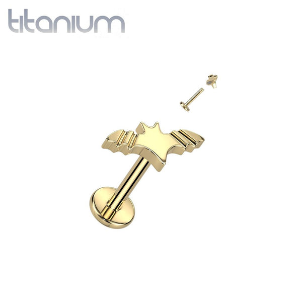 Implant Grade Titanium Gold PVD Internally Threaded Large Ridged Bat Flat Back Labret