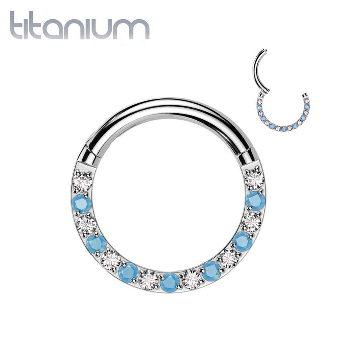 Implant Grade Titanium Aqua White CZ Pave Hinged Clicker Hoop - Pierced Universe