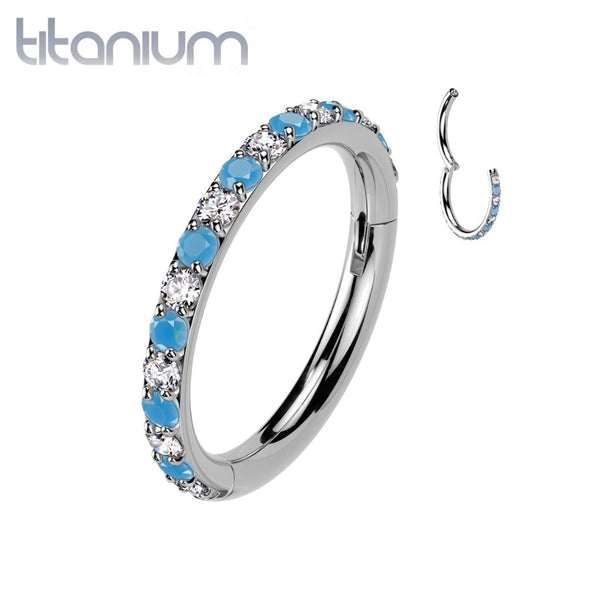 Implant Grade Titanium Aqua White CZ Pave Hinged Helix Clicker Hoop - Pierced Universe