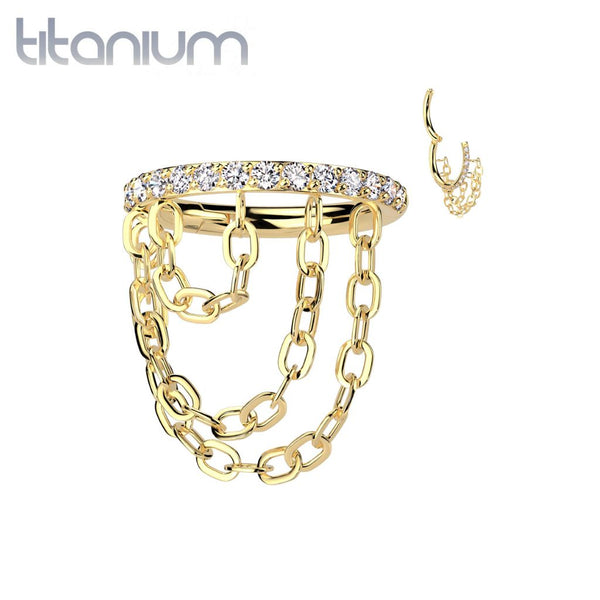 Implant Grade Titanium Gold PVD White Pave CZ Triple Chain Dangle Hinged Clicker Hoop - Pierced Universe