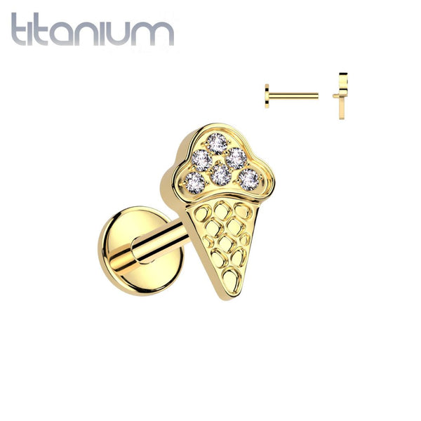 Implant Grade Titanium Gold PVD White CZ Ice Cream Internally Threaded Flat Back Labret - Pierced Universe