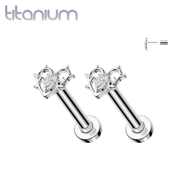 Pair of Implant Grade Titanium White CZ Heart With Thorns Push In Threadless Earring Studs with Flat Back - Pierced Universe