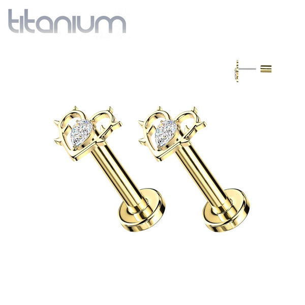 Pair of Implant Grade Titanium Gold PVD White CZ Heart With Thorns Push In Threadless Earring Studs Flat Back
