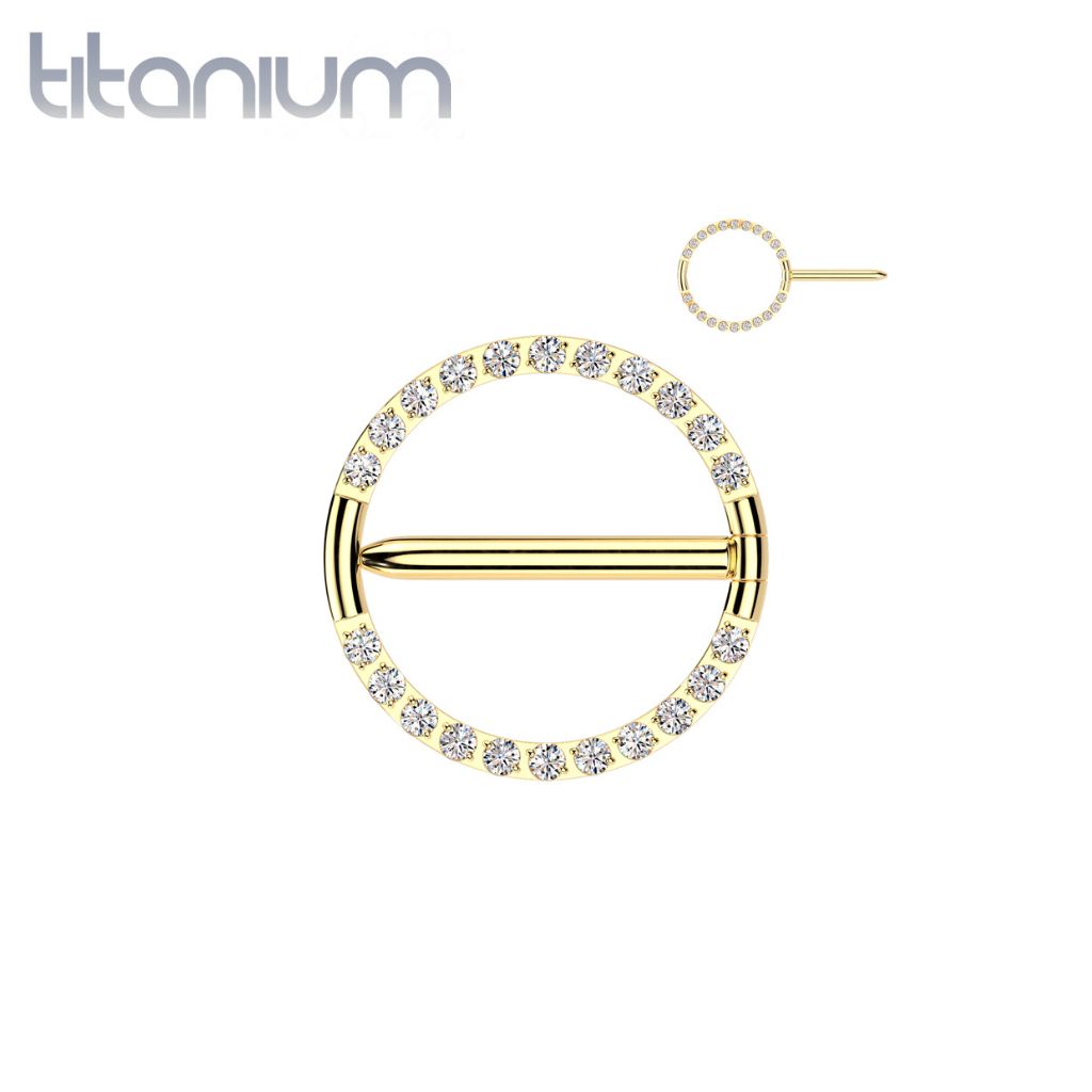 Shield Pierced Implant Grade Titanium Gold PVD White CZ Hinged Clicker Nipple Shield ...