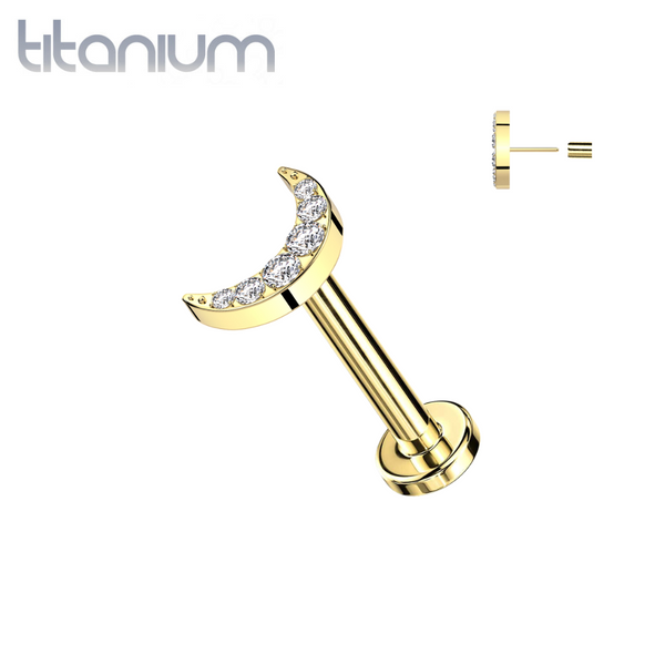 Implant Grade Titanium Gold PVD Large White CZ Crescent Moon Threadless Push In Labret - Pierced Universe