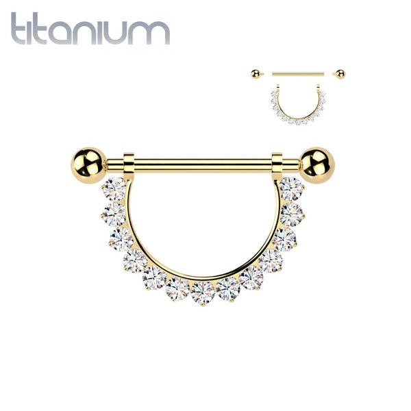 Implant Grade Titanium Gold PVD White CZ Nipple Shield Internally Threaded Straight Barbell - Pierced Universe