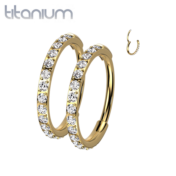 Pair Of Implant Grade Titanium Gold PVD White CZ Pave Dainty Hinged Hoop Earrings - Pierced Universe