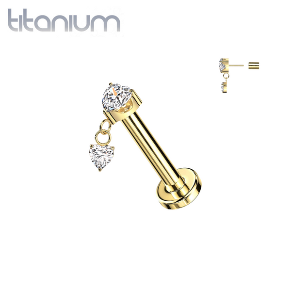 Implant Grade Titanium Gold PVD White CZ Heart Shaped Gem Dangly Threadless Push In Labret - Pierced Universe