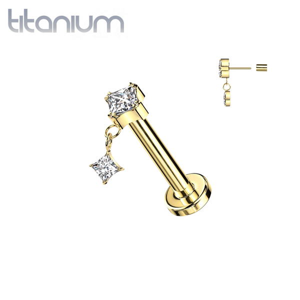 Implant Grade Titanium Gold PVD White CZ Square Gem Dangly Threadless Push In Labret - Pierced Universe