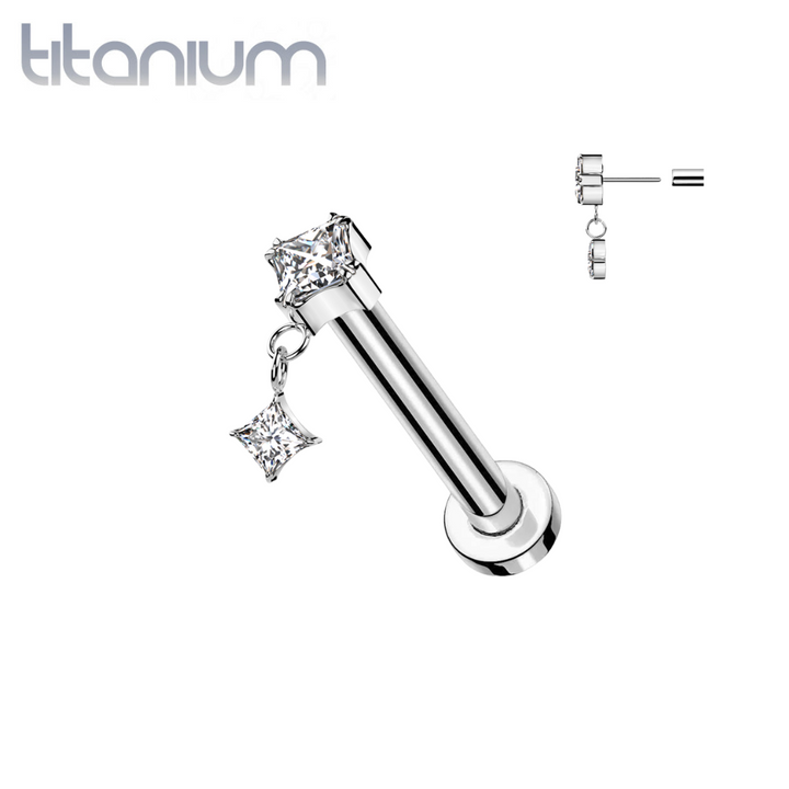 Implant Grade Titanium White CZ Square Gem Dangly Threadless Push In Labret - Pierced Universe