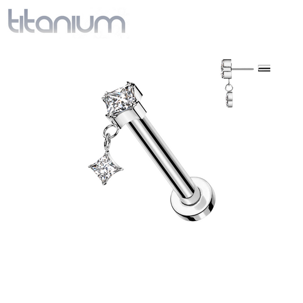 Implant Grade Titanium White CZ Square Gem Dangly Threadless Push In Labret - Pierced Universe