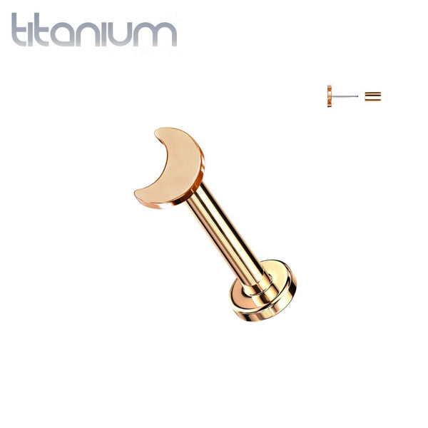 Implant Grade Titanium Threadless Push In Tragus/Cartilage Rose Gold PVD Crescent Moon Stud With Flat Back