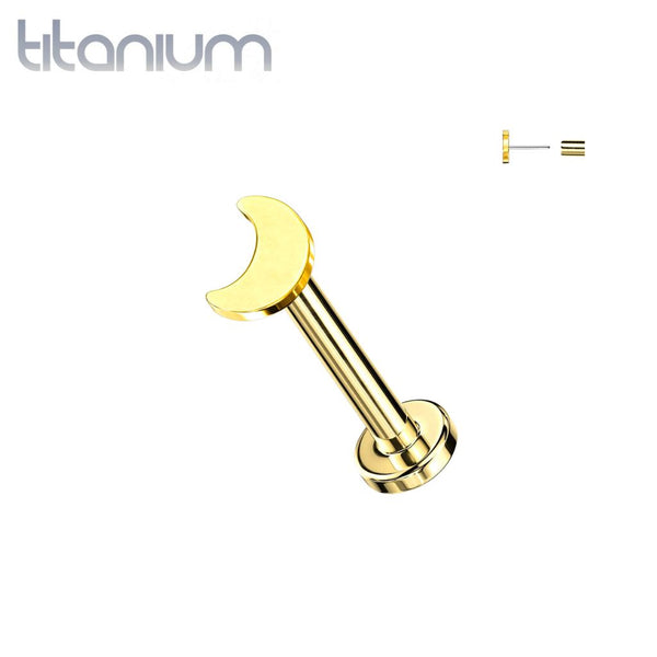 Implant Grade Titanium Threadless Push In Tragus/Cartilage Gold PVD Crescent Moon Stud With Flat Back