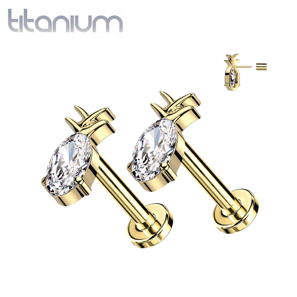 Pair of Implant Grade Titanium Gold PVD White CZ Gem Pineapple Threadless Push In Earrings With Flat Back - Pierced Universe