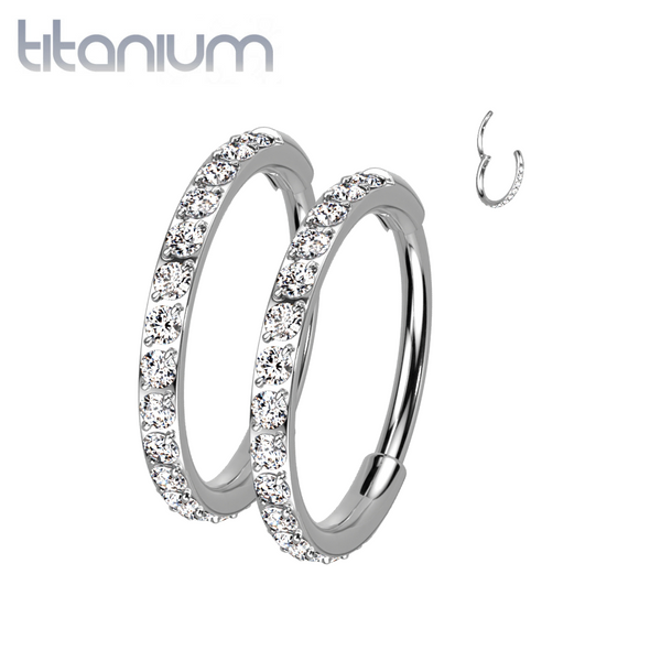 Pair Of Implant Grade Titanium White CZ Pave Dainty Hinged Hoop Earrings - Pierced Universe