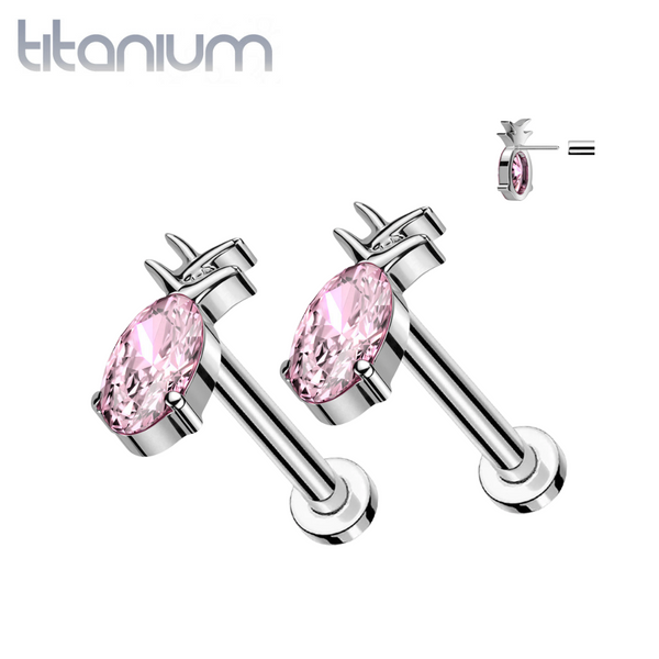 Pair of Implant Grade Titanium Pink CZ Gem Pineapple Threadless Push In Earrings With Flat Back - Pierced Universe