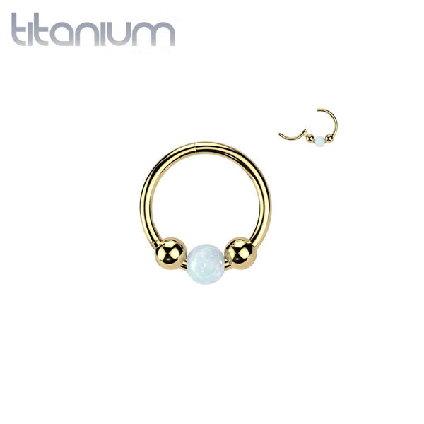 Implant Grade Titanium Gold PVD White Opal Ball Hinged Clicker Hoop - Pierced Universe