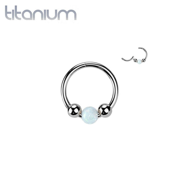 Implant Grade Titanium White Opal Ball Hinged Clicker Hoop - Pierced Universe