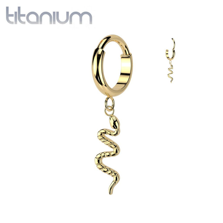 Implant Grade Titanium Gold PVD Snake Dangle Hinged Clicker Hoop - Pierced Universe