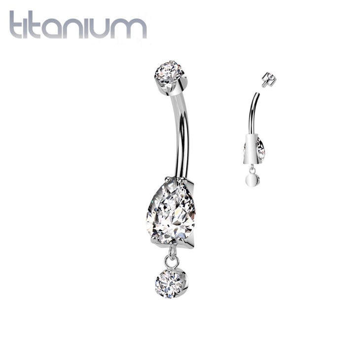 Implant Grade Titanium White CZ Teardrop Circle Dangle Belly Ring - Pierced Universe