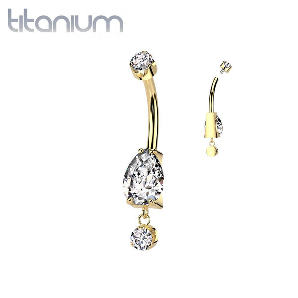Implant Grade Titanium Gold PVD White CZ Teardrop Circle Dangle Belly Ring - Pierced Universe