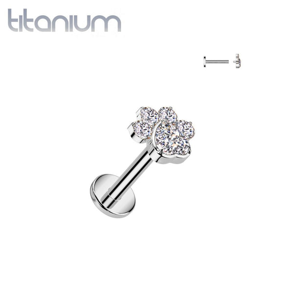 Implant Grade Titanium White CZ Gem Paw Print Internally Threaded Flat Back Labret - Pierced Universe