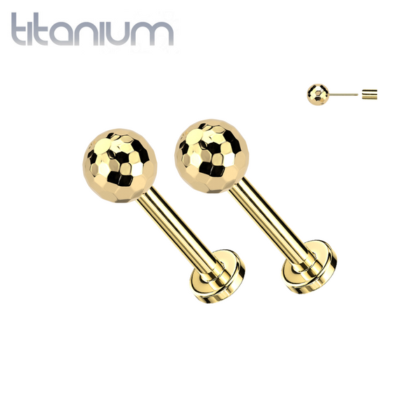 Pair of Implant Grade Titanium Gold PVD Glitter Ball Threadless Push In Earrings With Flat Back