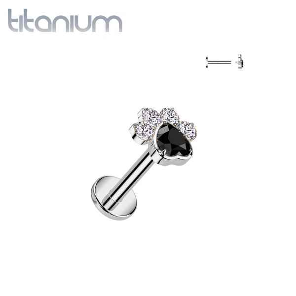 Implant Grade Titanium White & Black CZ Gem Paw Print Internally Threaded Flat Back Labret - Pierced Universe