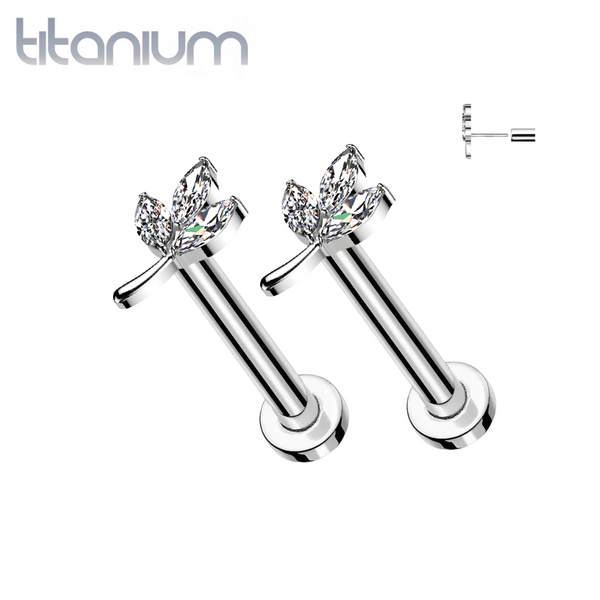 Pair of Implant Grade Titanium White CZ Leaf Threadless Push In Earrings With Flat Back - Pierced Universe